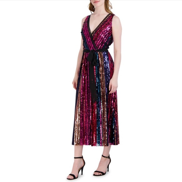 julia jordan Dresses & Skirts - JULIA JORDAN: Rainbow Sequin Stripe Fit & Flare Cocktail Dress (NWT)